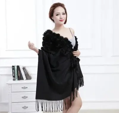 ZDFURS*Luxury Brand Scarf Women Winter Thick  Genuine Rabbit Fur Pompom Ball  Shawls and Women's Wool Cover Cashmere Pashmina