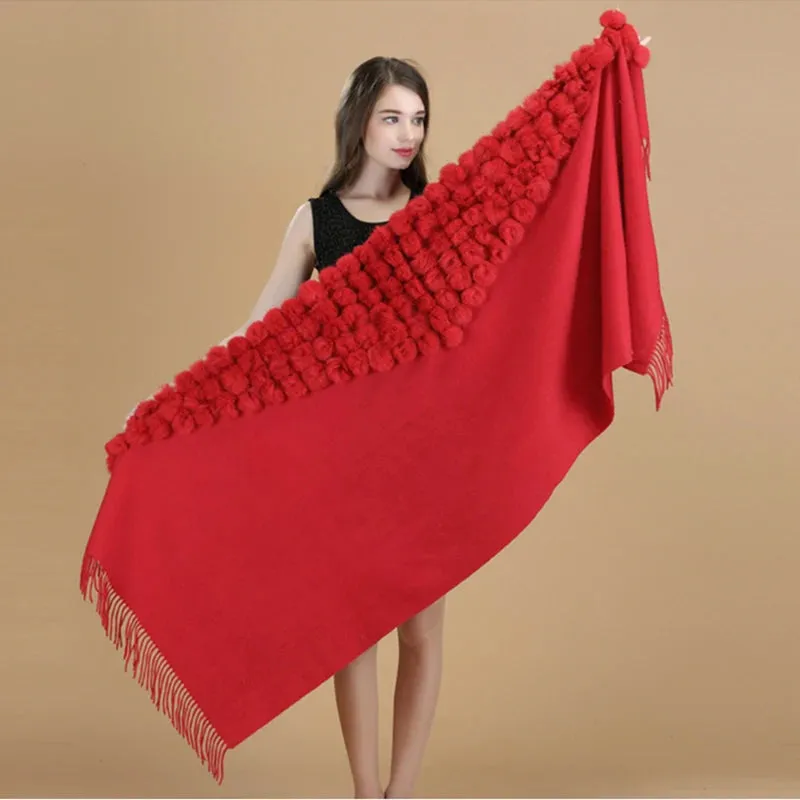 ZDFURS*Luxury Brand Scarf Women Winter Thick  Genuine Rabbit Fur Pompom Ball  Shawls and Women's Wool Cover Cashmere Pashmina