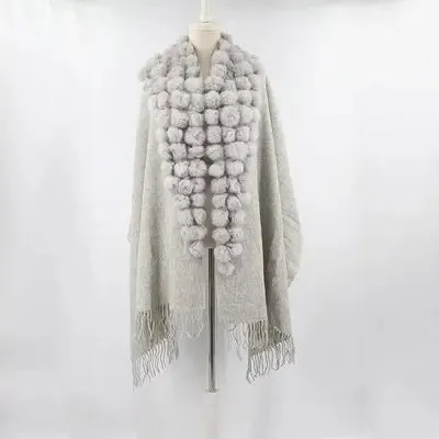 ZDFURS*Luxury Brand Scarf Women Winter Thick  Genuine Rabbit Fur Pompom Ball  Shawls and Women's Wool Cover Cashmere Pashmina