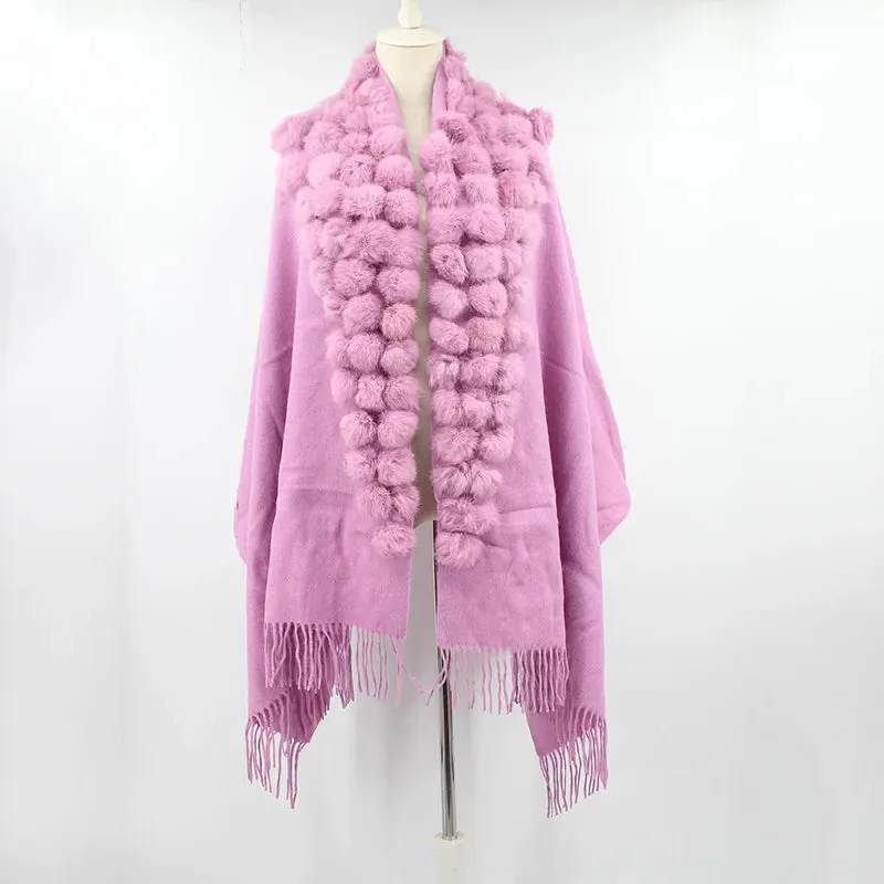 ZDFURS*Luxury Brand Scarf Women Winter Thick  Genuine Rabbit Fur Pompom Ball  Shawls and Women's Wool Cover Cashmere Pashmina