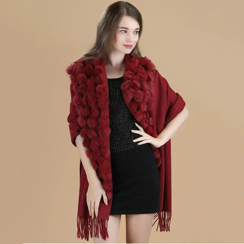 ZDFURS*Luxury Brand Scarf Women Winter Thick  Genuine Rabbit Fur Pompom Ball  Shawls and Women's Wool Cover Cashmere Pashmina