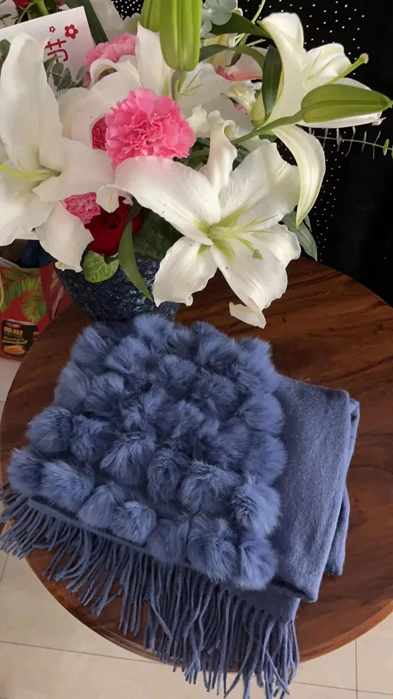 ZDFURS*Luxury Brand Scarf Women Winter Thick  Genuine Rabbit Fur Pompom Ball  Shawls and Women's Wool Cover Cashmere Pashmina