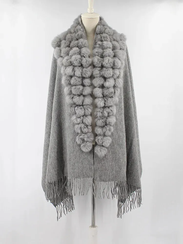 ZDFURS*Luxury Brand Scarf Women Winter Thick  Genuine Rabbit Fur Pompom Ball  Shawls and Women's Wool Cover Cashmere Pashmina