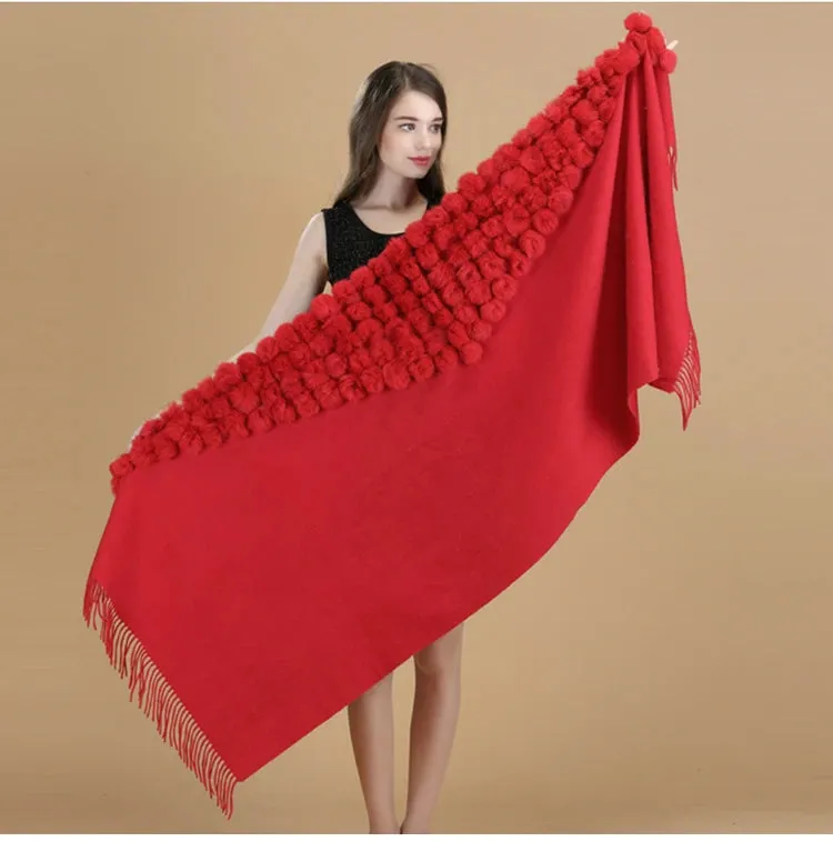 ZDFURS*Luxury Brand Scarf Women Winter Thick  Genuine Rabbit Fur Pompom Ball  Shawls and Women's Wool Cover Cashmere Pashmina