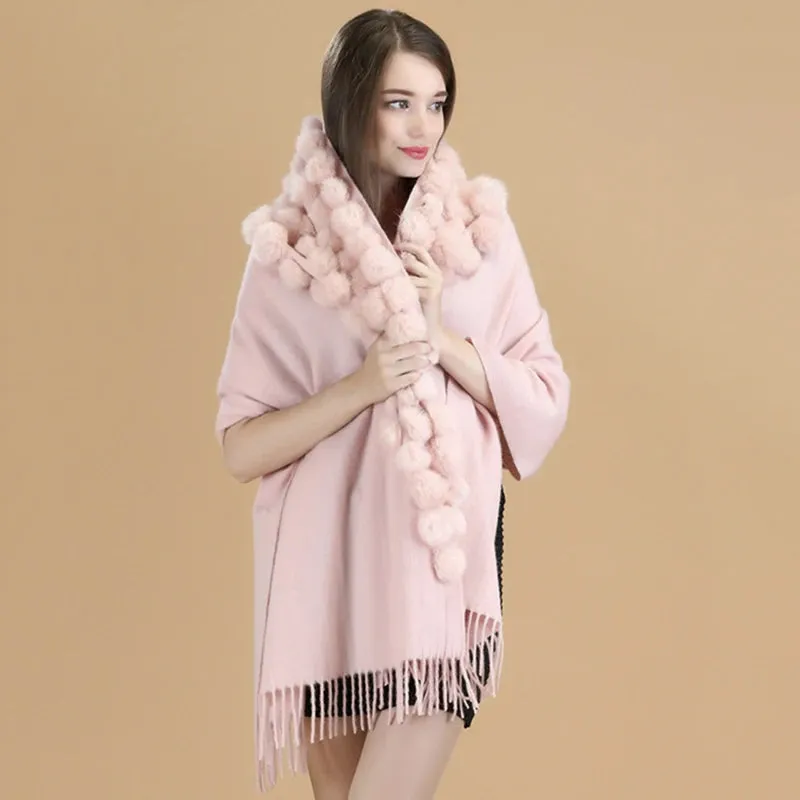 ZDFURS*Luxury Brand Scarf Women Winter Thick  Genuine Rabbit Fur Pompom Ball  Shawls and Women's Wool Cover Cashmere Pashmina