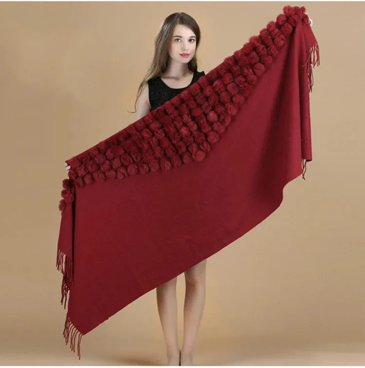 ZDFURS*Luxury Brand Scarf Women Winter Thick  Genuine Rabbit Fur Pompom Ball  Shawls and Women's Wool Cover Cashmere Pashmina