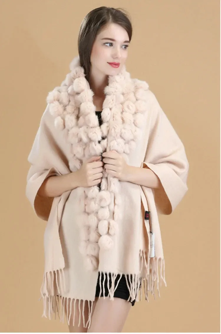 ZDFURS*Luxury Brand Scarf Women Winter Thick  Genuine Rabbit Fur Pompom Ball  Shawls and Women's Wool Cover Cashmere Pashmina