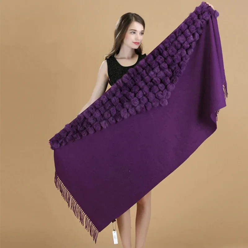ZDFURS*Luxury Brand Scarf Women Winter Thick  Genuine Rabbit Fur Pompom Ball  Shawls and Women's Wool Cover Cashmere Pashmina